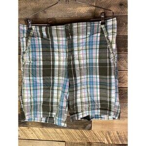 Faded Glory Women's Teal Plaid Shorts Size 12 Cotton Blend Stretch Bermuda